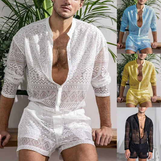 luu52-【S-3XL】Men's summer hollow design casual suit