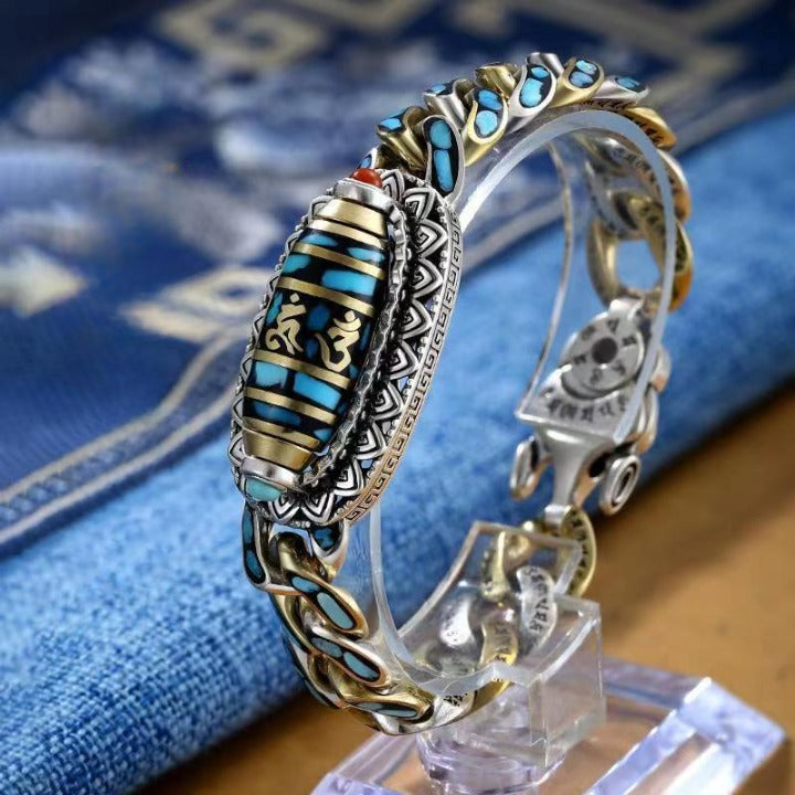 Retro nine-eye dzi bead six-character mantra rotatable men's bracelet
