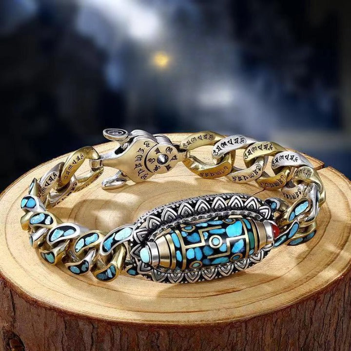 Retro nine-eye dzi bead six-character mantra rotatable men's bracelet