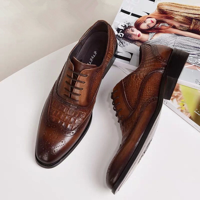 qh94-Vintage crocodile pattern men's leather shoes