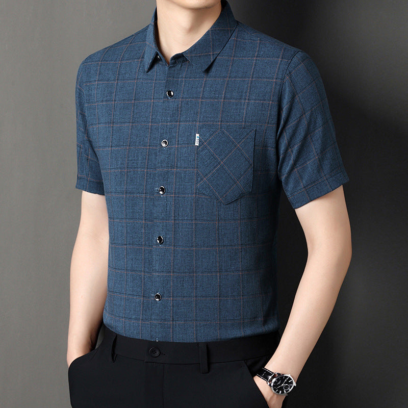 qh109-Men's cotton and linen plaid short-sleeved shirt