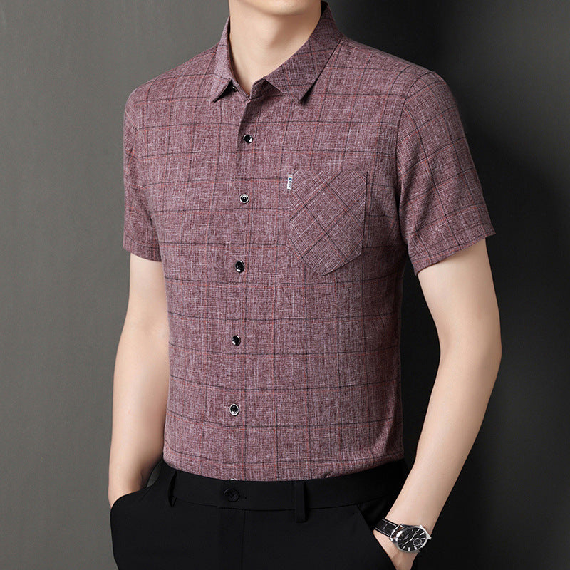 qh109-Men's cotton and linen plaid short-sleeved shirt