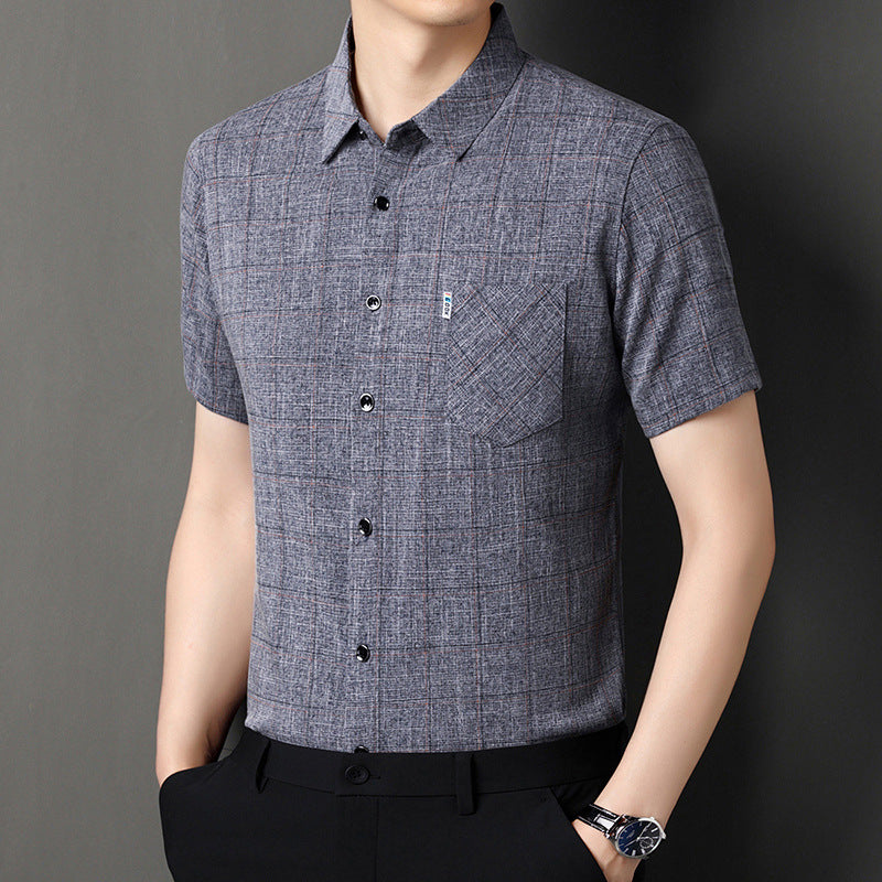 qh109-Men's cotton and linen plaid short-sleeved shirt
