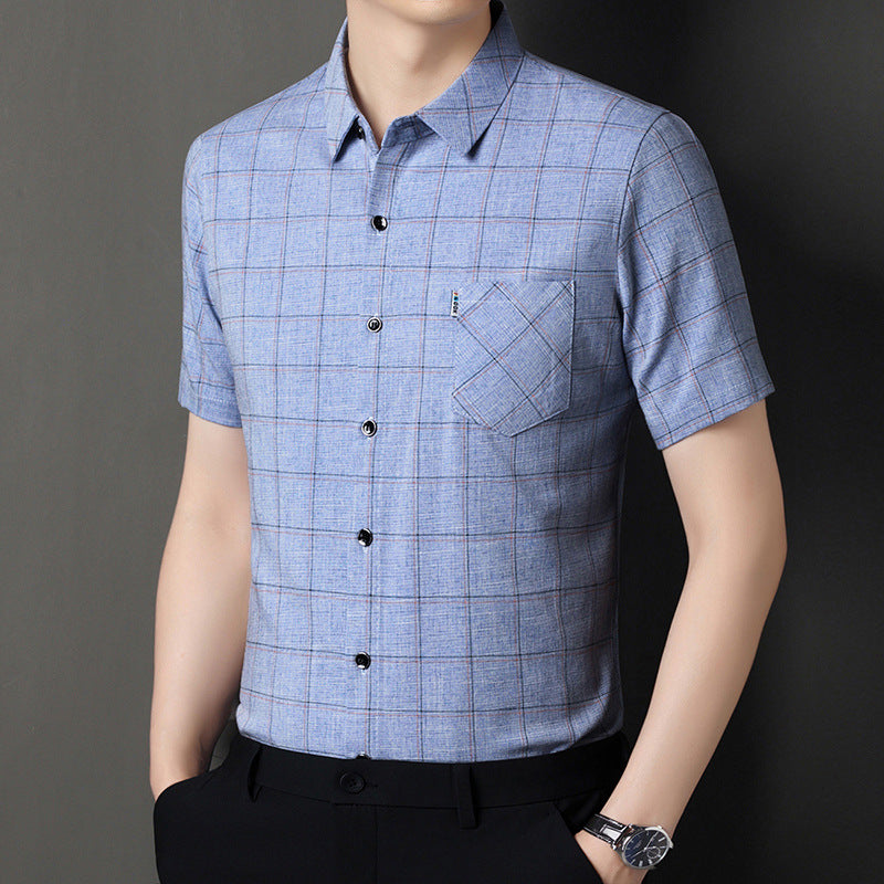 qh109-Men's cotton and linen plaid short-sleeved shirt