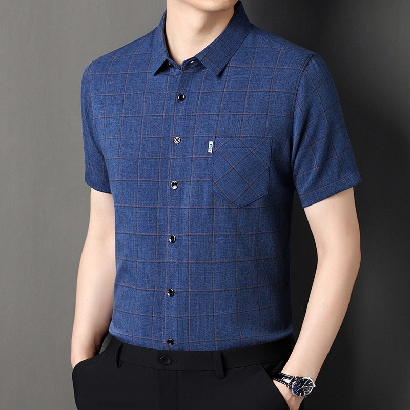 qh109-Men's cotton and linen plaid short-sleeved shirt