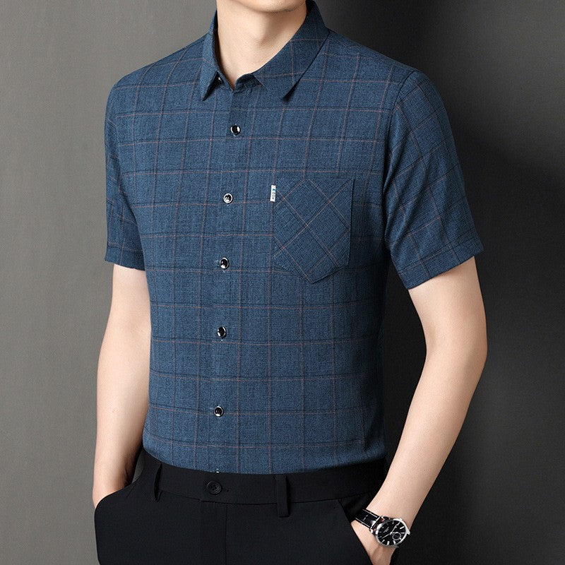 qh109-Men's cotton and linen plaid short-sleeved shirt