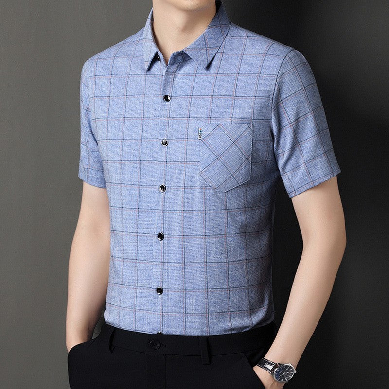 qh109-Men's cotton and linen plaid short-sleeved shirt