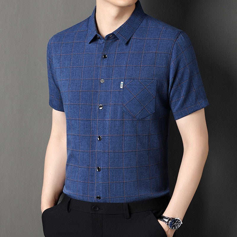 qh109-Men's cotton and linen plaid short-sleeved shirt