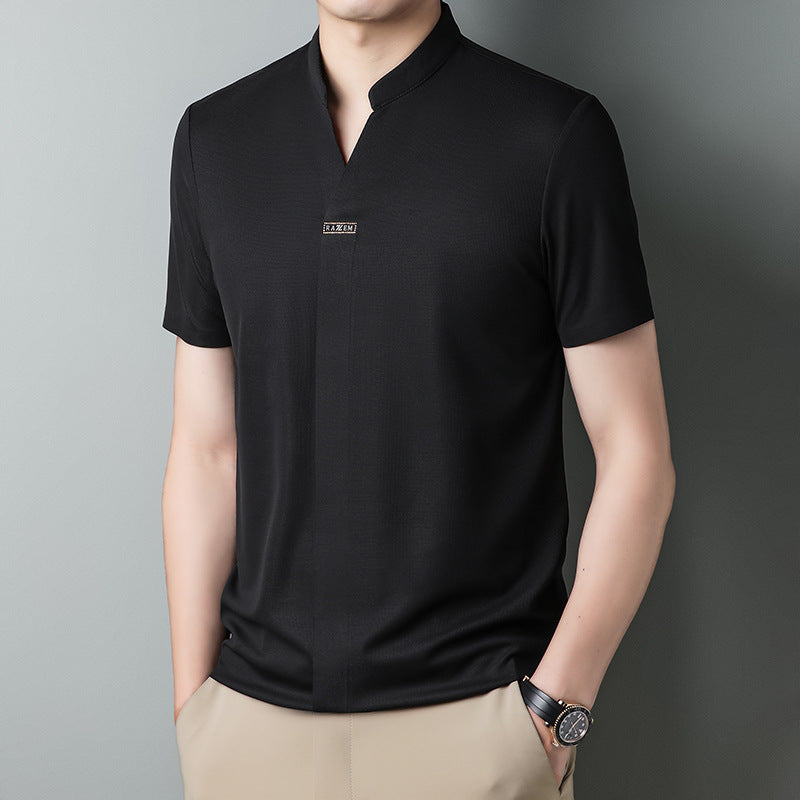 hou424-Men's Summer Stand Collar Light Mature Casual T-Shirt