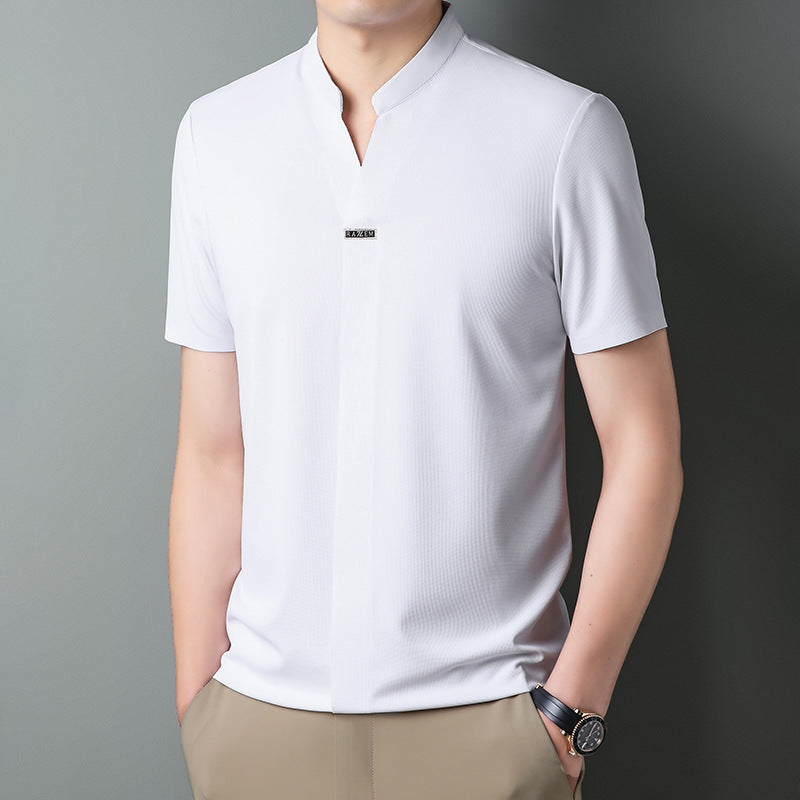 hou424-Men's Summer Stand Collar Light Mature Casual T-Shirt