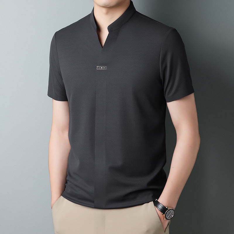 hou424-Men's Summer Stand Collar Light Mature Casual T-Shirt