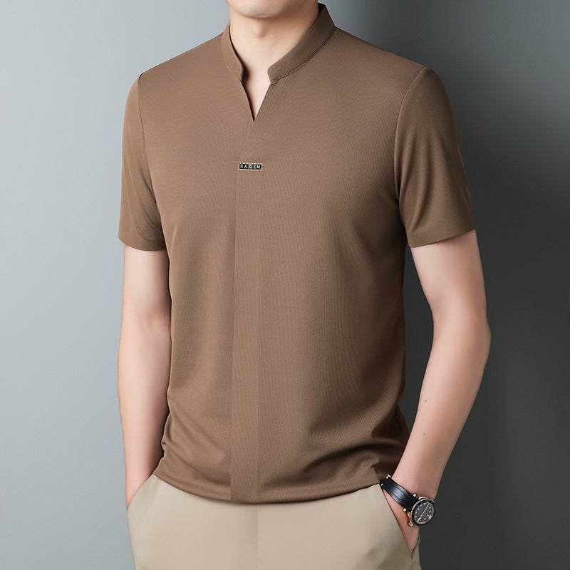 hou424-Men's Summer Stand Collar Light Mature Casual T-Shirt