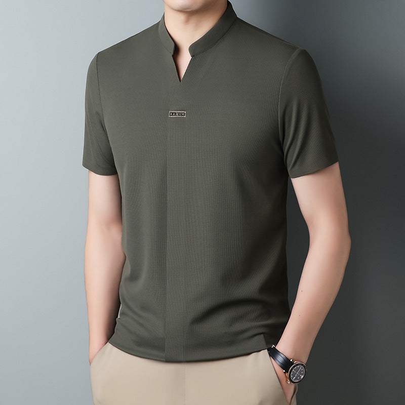 hou424-Men's Summer Stand Collar Light Mature Casual T-Shirt