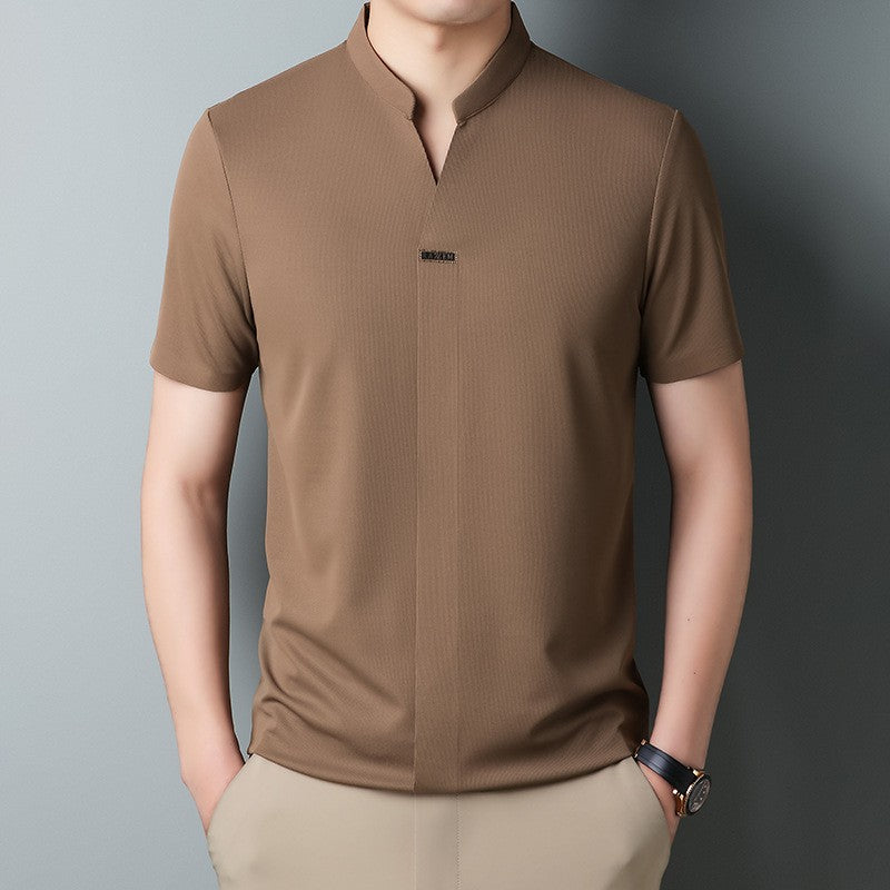 hou424-Men's Summer Stand Collar Light Mature Casual T-Shirt
