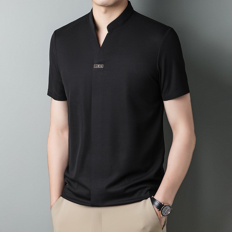 hou424-Men's Summer Stand Collar Light Mature Casual T-Shirt
