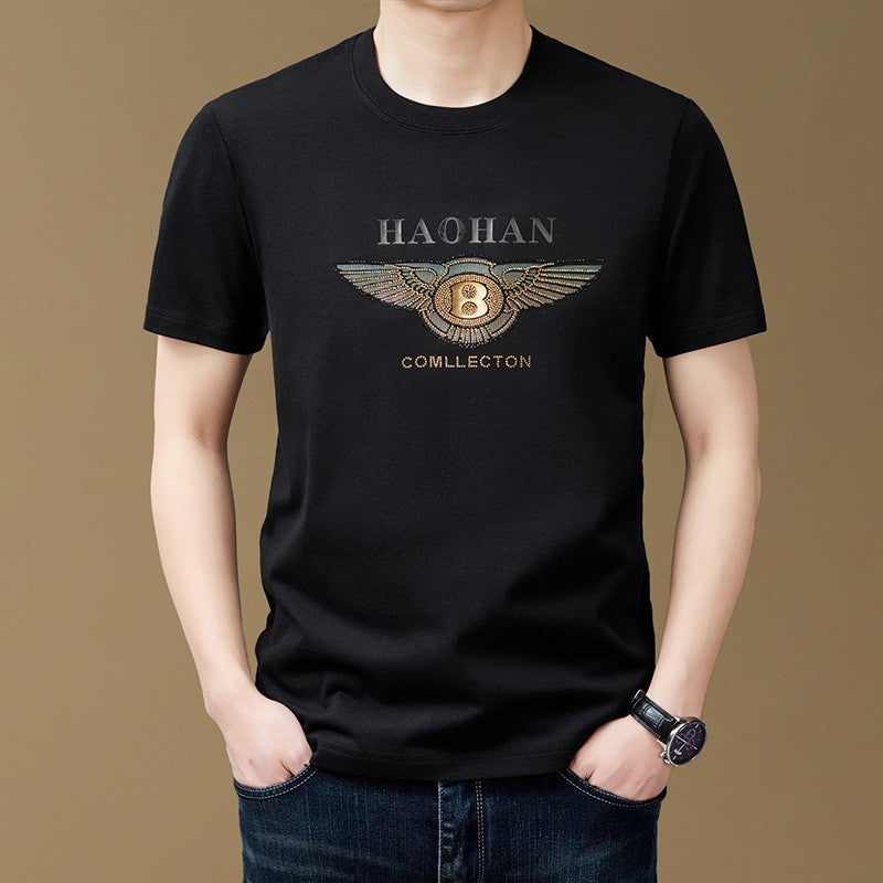 luu425-Men's mercerized cotton letter print hot diamond T-shirt