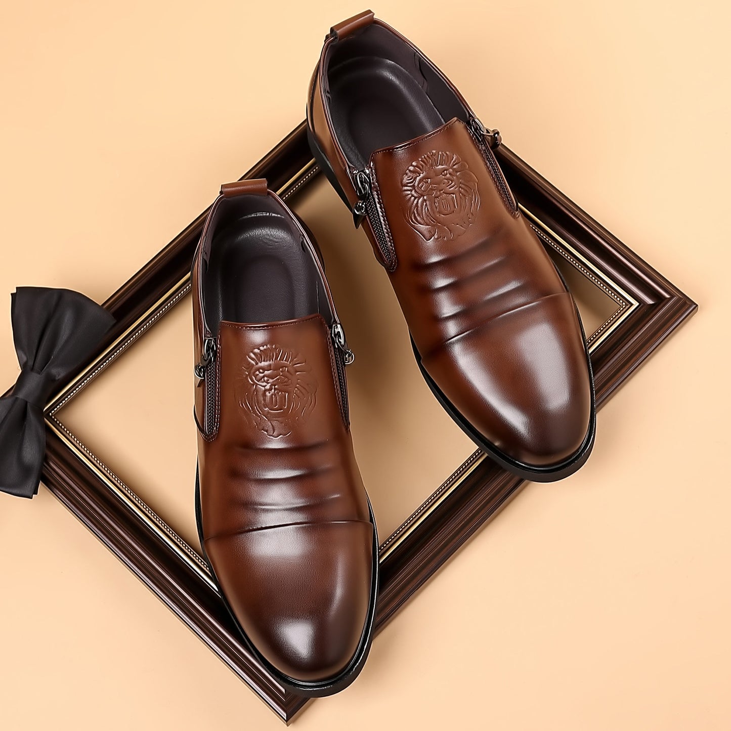 qh142-Men's lion print zipper pointed leather shoes