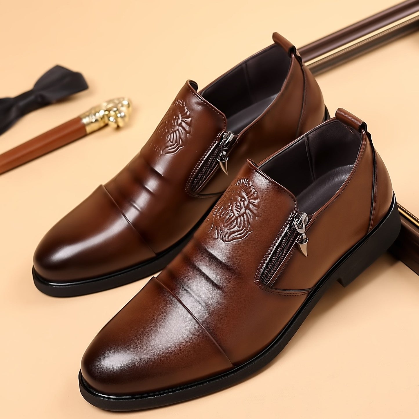 qh142-Men's lion print zipper pointed leather shoes