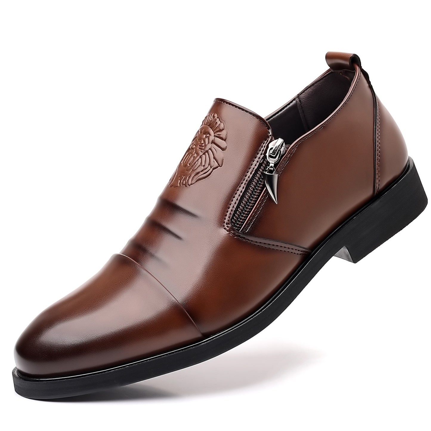 qh142-Men's lion print zipper pointed leather shoes