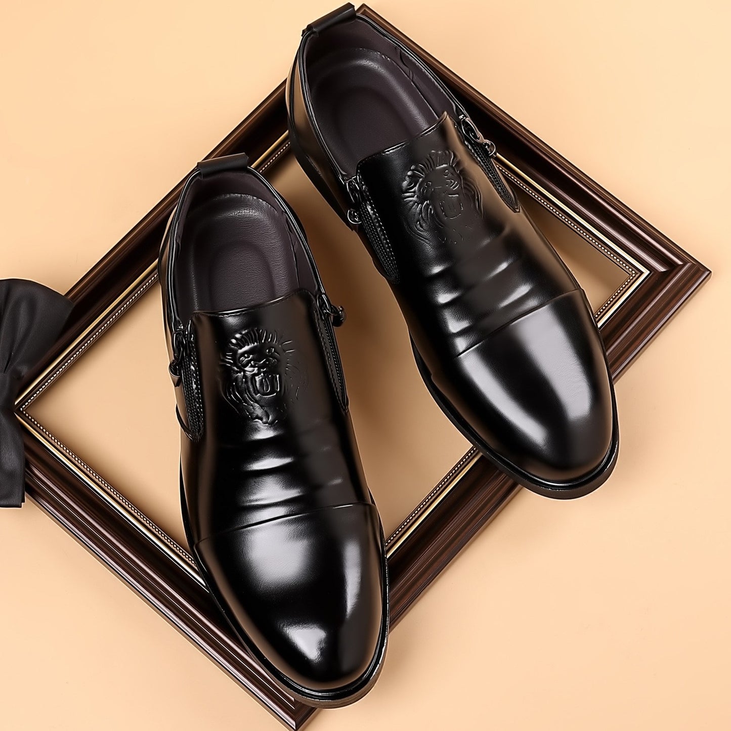 qh142-Men's lion print zipper pointed leather shoes