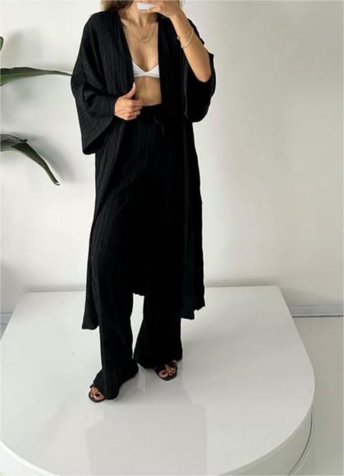 kfc04-Autumn Pleated Textured Top + Straight Casual Pants Two-Piece Set
