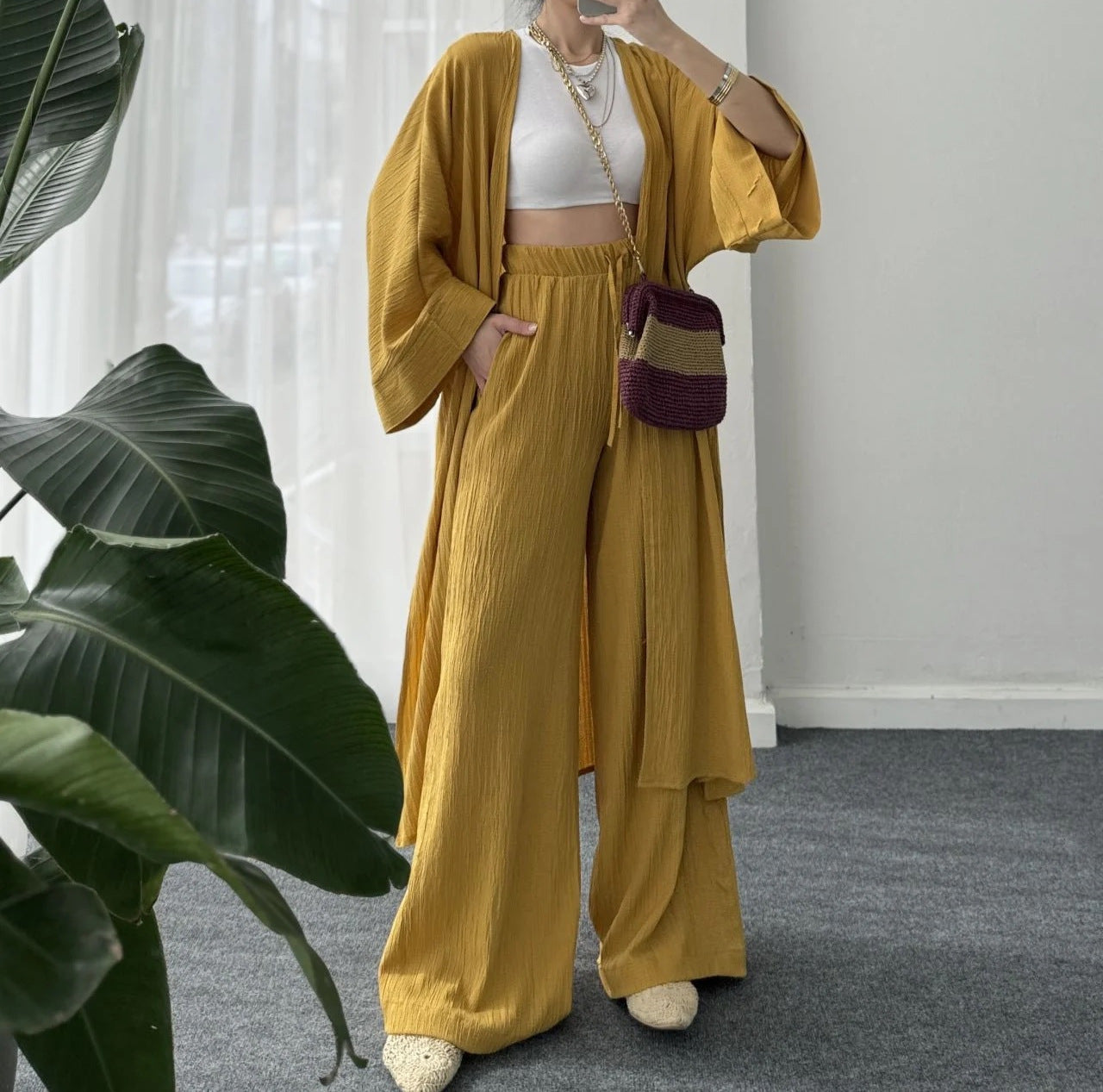 kfc04-Autumn Pleated Textured Top + Straight Casual Pants Two-Piece Set