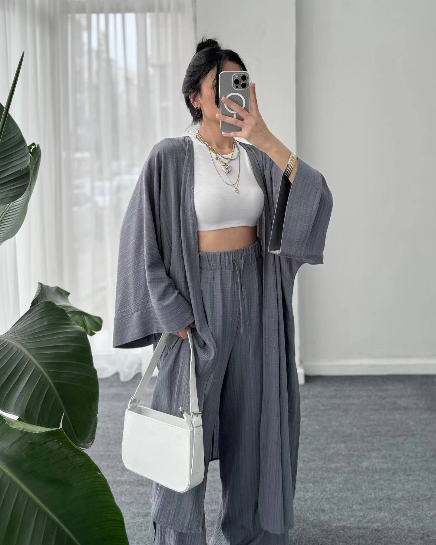 kfc04-Autumn Pleated Textured Top + Straight Casual Pants Two-Piece Set