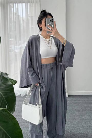 kfc04-Autumn Pleated Textured Top + Straight Casual Pants Two-Piece Set
