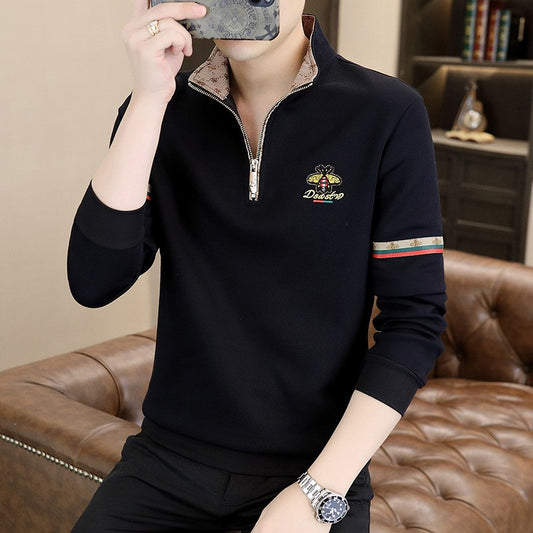 Men's autumn and winter trendy printed stand collar long sleeve T-shirt