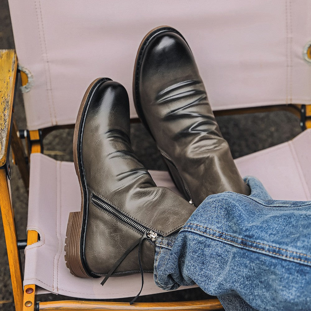 Men's double side zipper anti-slip leather boots