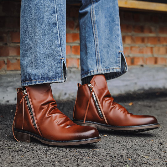 Men's double side zipper anti-slip leather boots