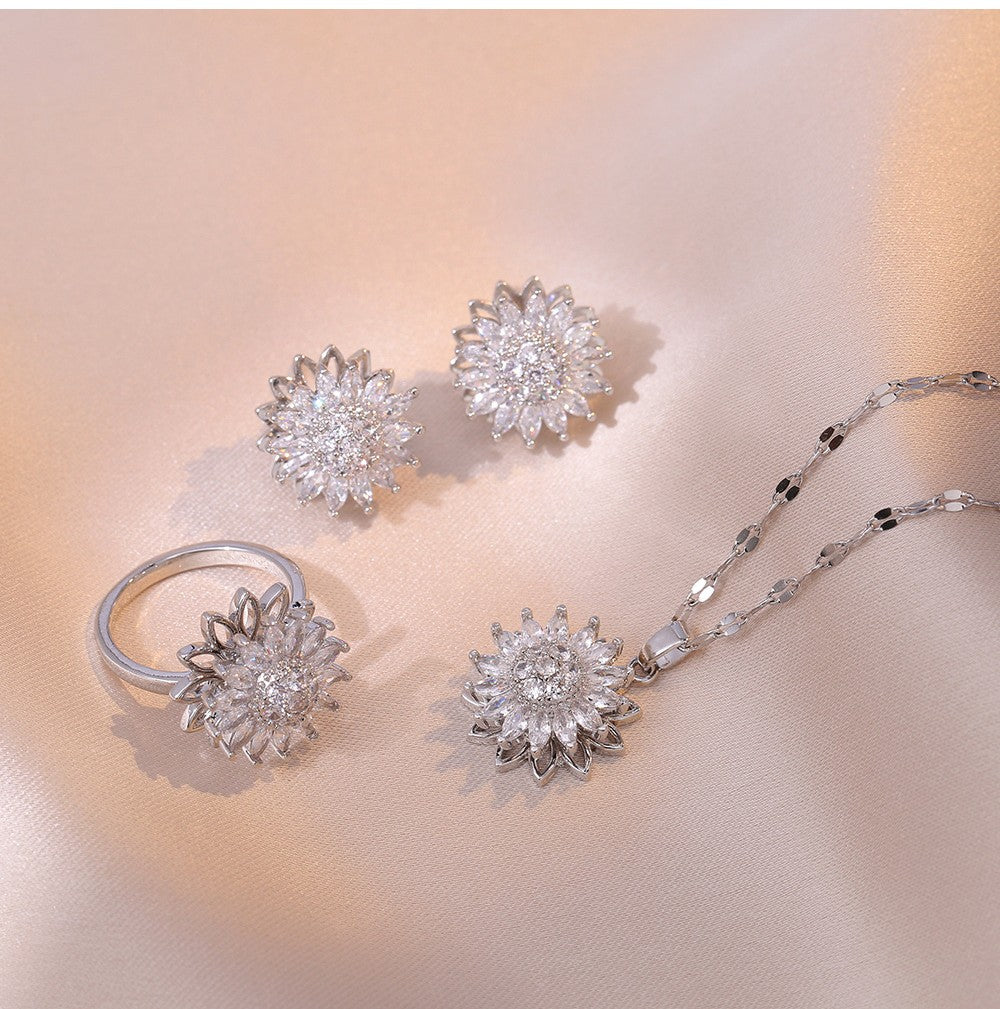 cm242-Light luxury style rotatable diamond-studded sunflower jewelry set