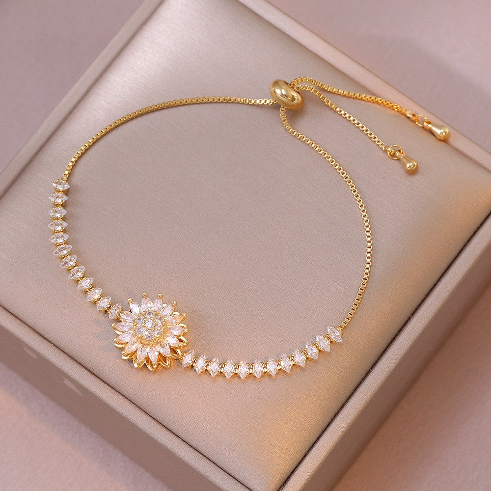 cm242-Light luxury style rotatable diamond-studded sunflower jewelry set