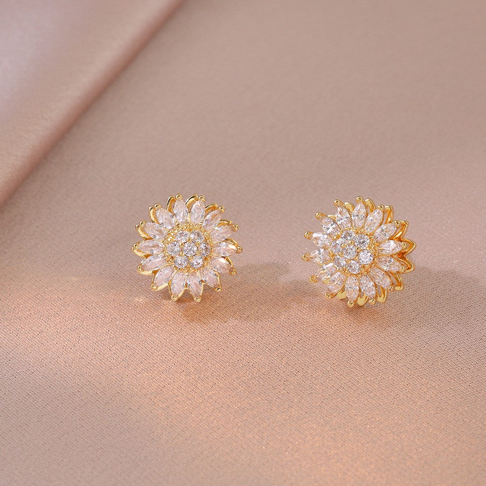 cm242-Light luxury style rotatable diamond-studded sunflower jewelry set