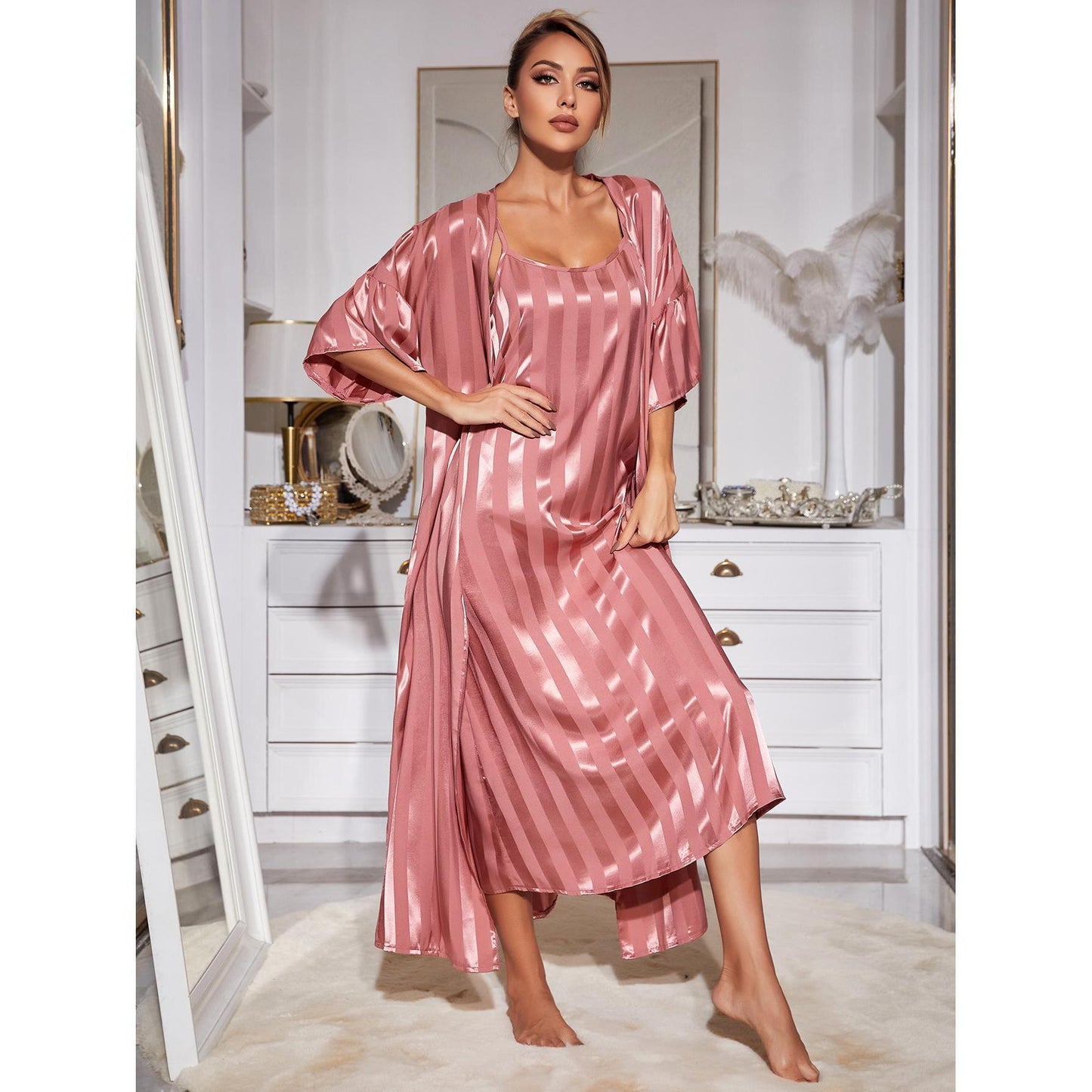 cm243-Women's Smooth Ice Silk Suspender Pajama Set