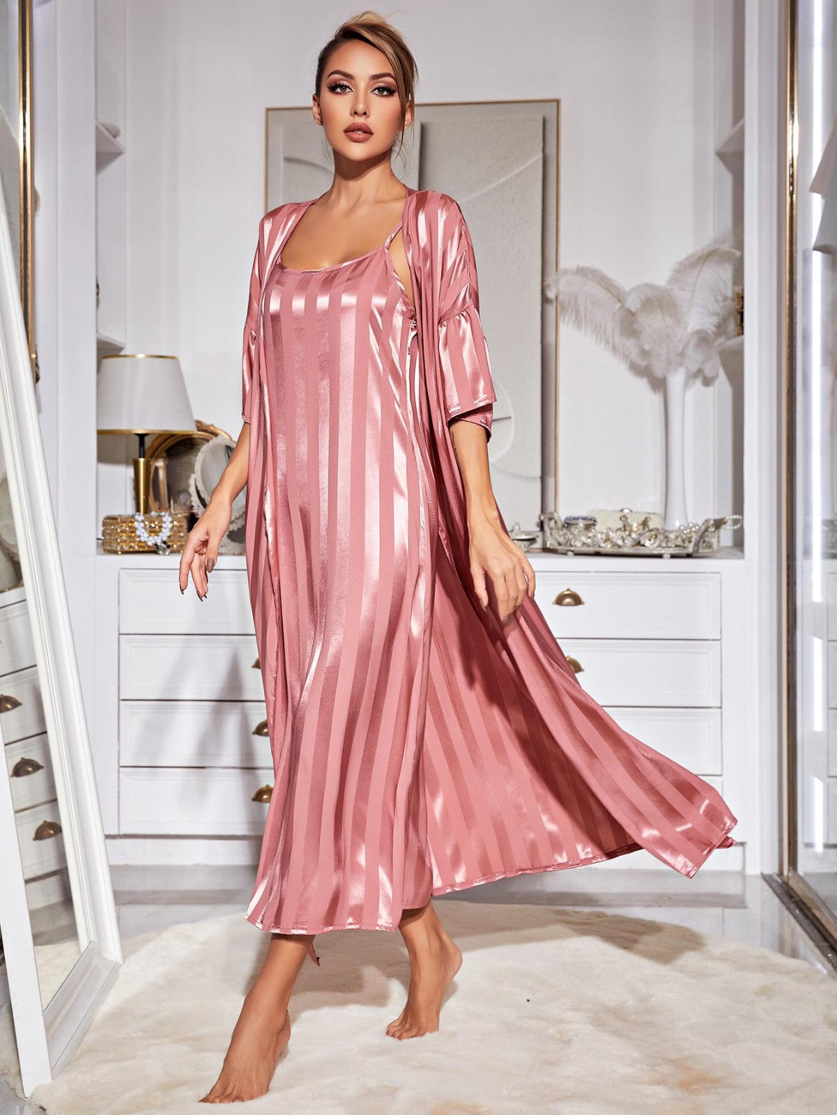 cm243-Women's Smooth Ice Silk Suspender Pajama Set