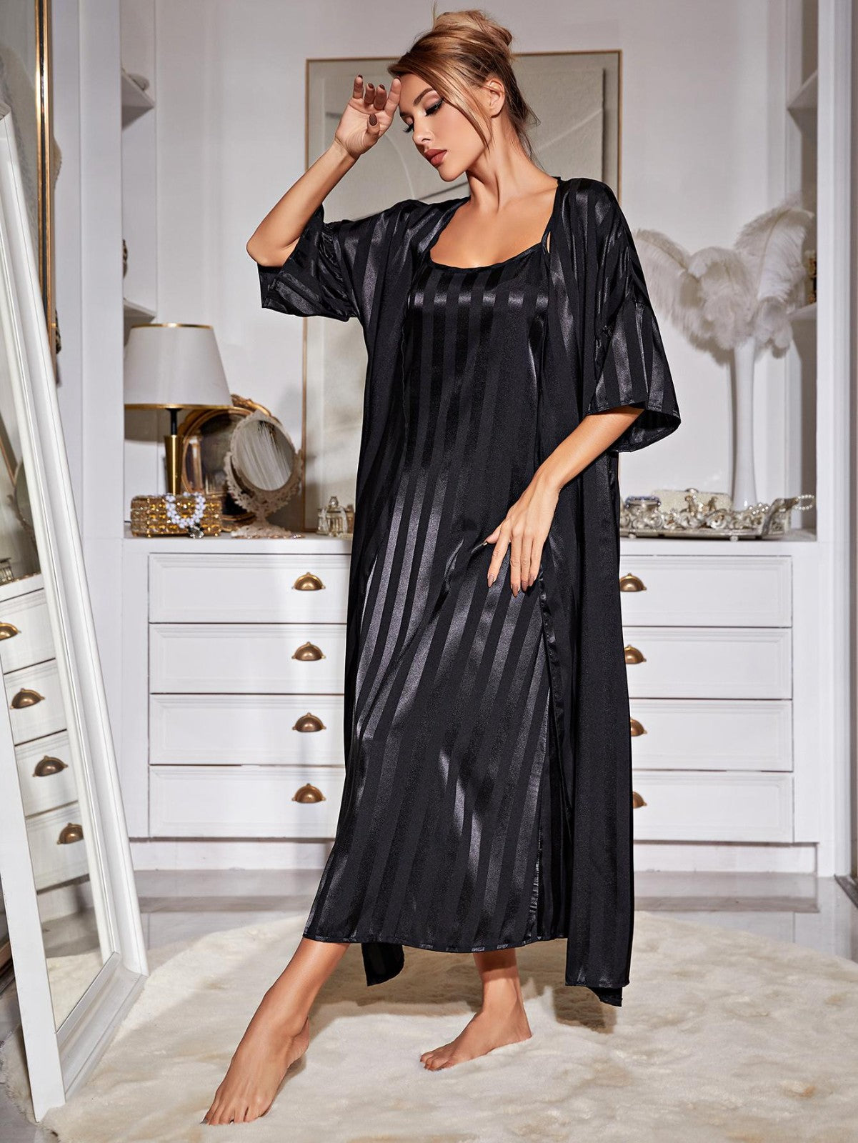 cm243-Women's Smooth Ice Silk Suspender Pajama Set