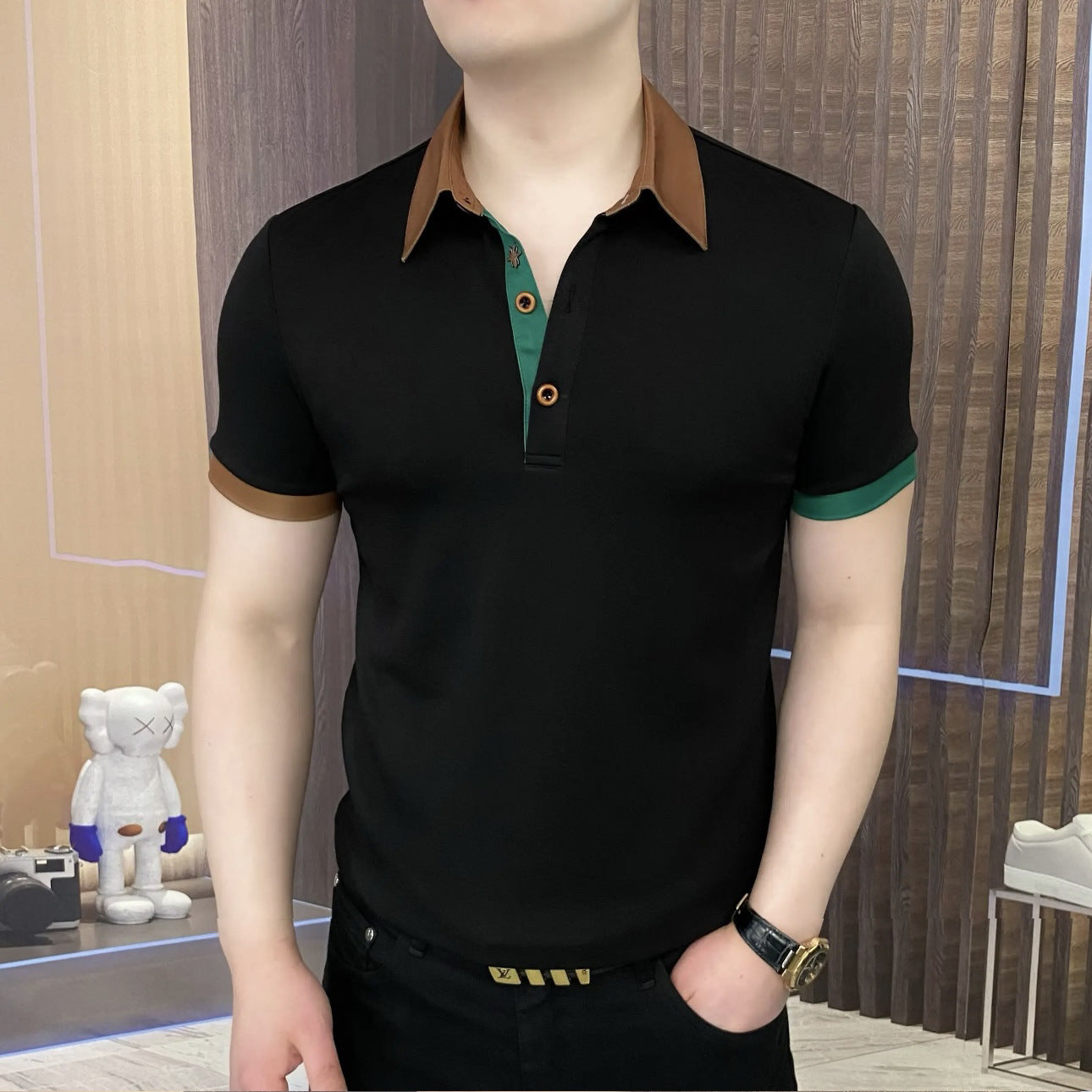 luu523-Fashionable and versatile slim fit men's lapel short-sleeved T-shirt