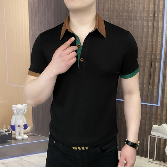 luu523-Fashionable and versatile slim fit men's lapel short-sleeved T-shirt