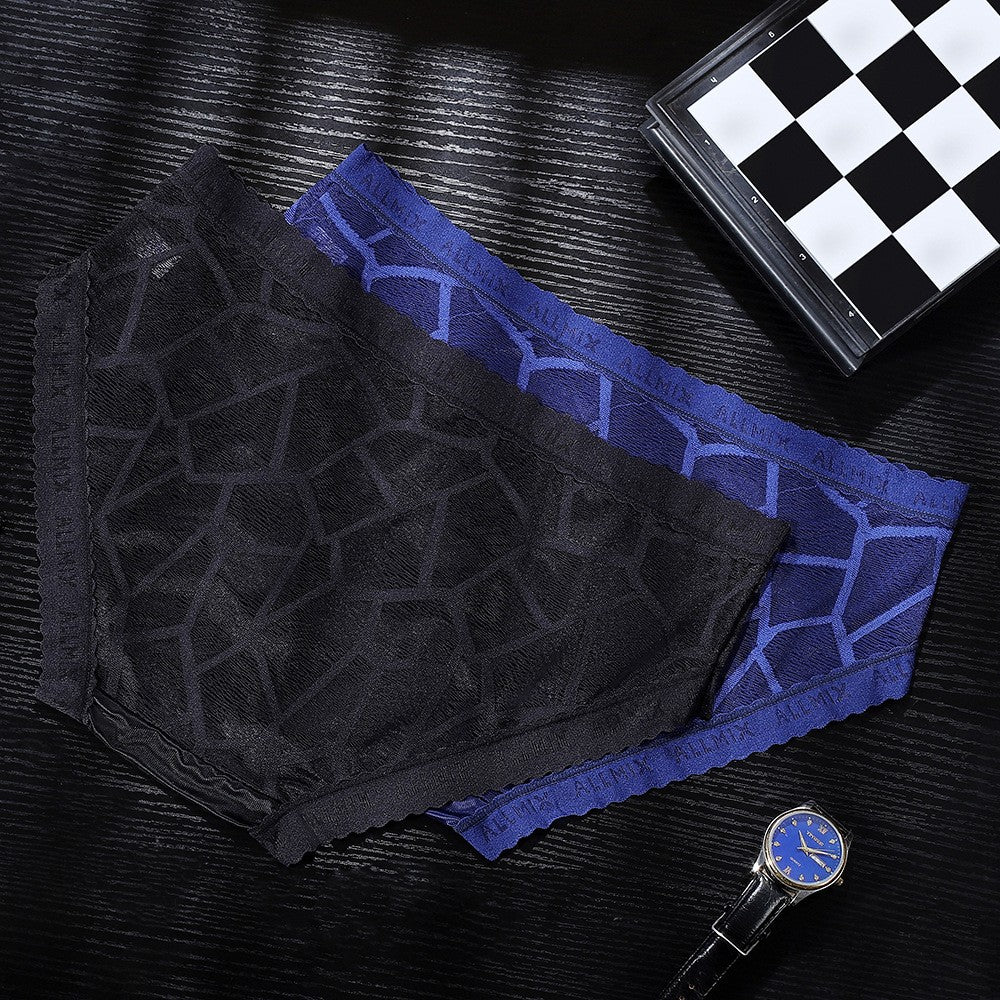 iq334-Men's Ice Silk Hollow Lace Thin Briefs