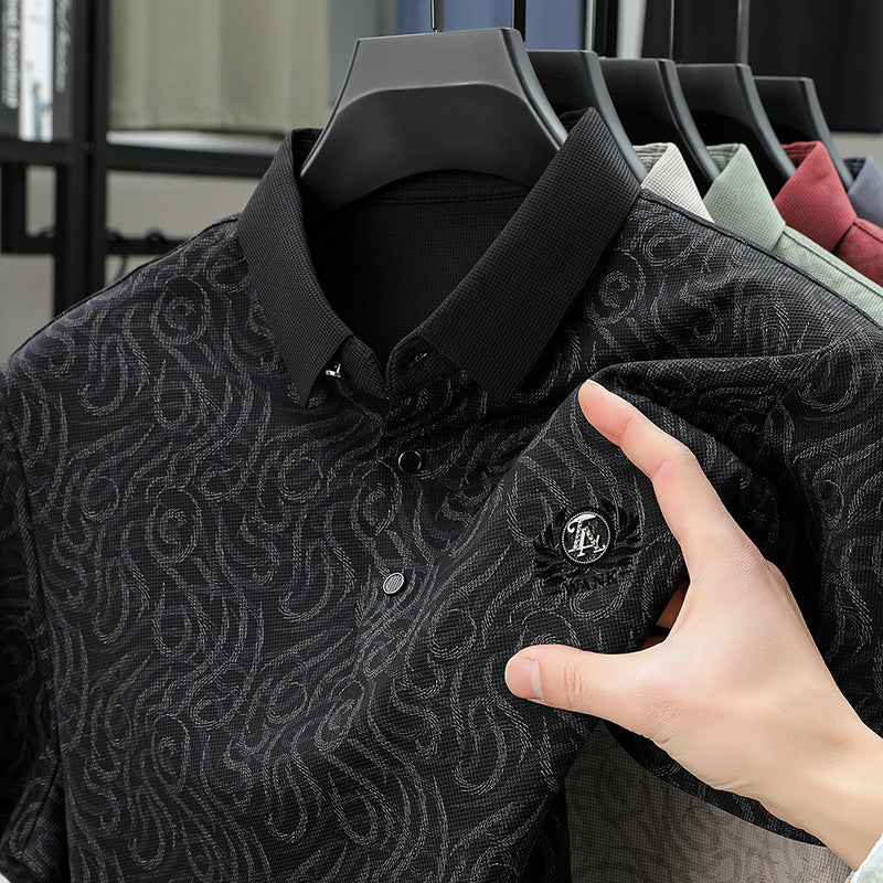Summer Men's Striped Print Lapel Short Sleeve Polo Shirt