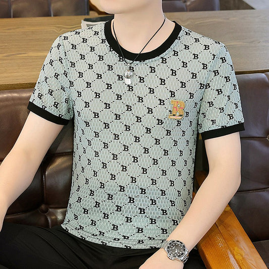 Men's summer jacquard round neck ice silk short-sleeved T-shirt