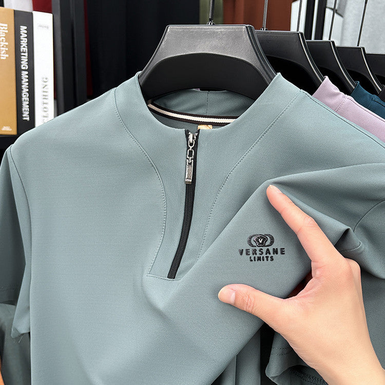 Men's summer round neck half zip short sleeve T-shirt