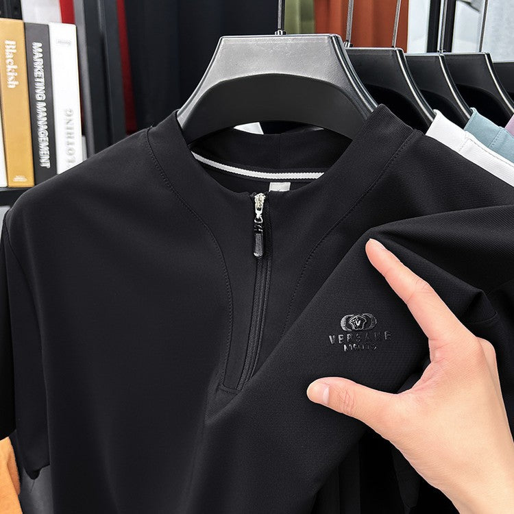 Men's summer round neck half zip short sleeve T-shirt