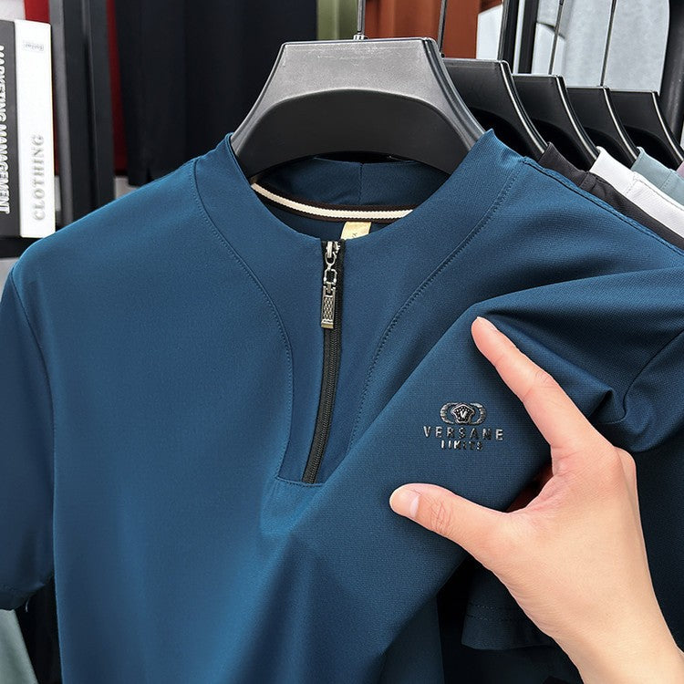 Men's summer round neck half zip short sleeve T-shirt