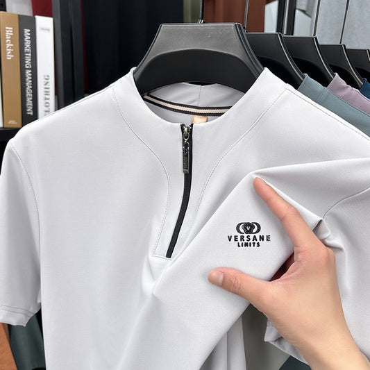 Men's summer round neck half zip short sleeve T-shirt