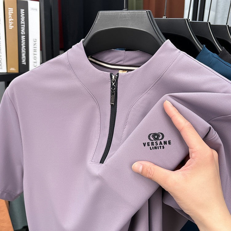 Men's summer round neck half zip short sleeve T-shirt