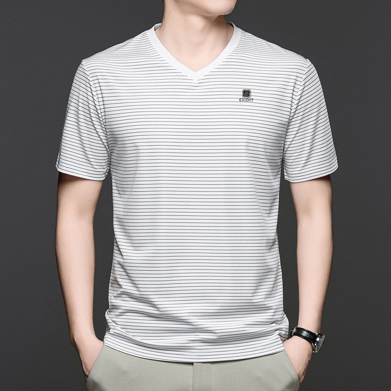Ice Silk Men's Breathable Striped Short Sleeve T-Shirt(you388)