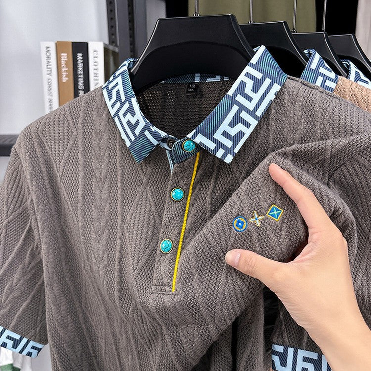 luu859- Men's Jacquard Embroidered Lapel Short Sleeve Polo Shirt