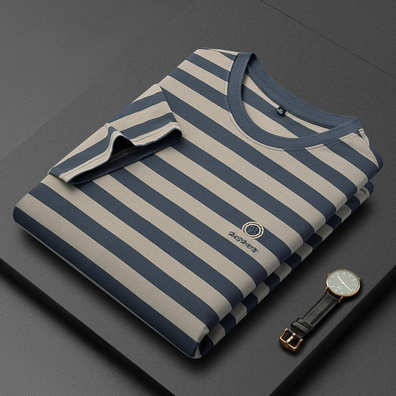 zd371-Ice silk striped round collar men's T-shirt